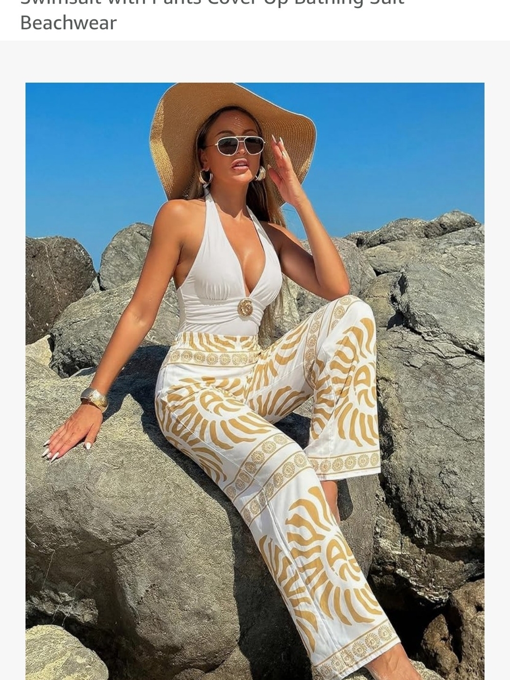 White Halter One-Piece Swimsuit with White & Tan Wide-Leg Printed Pants - Picture 5 of 9